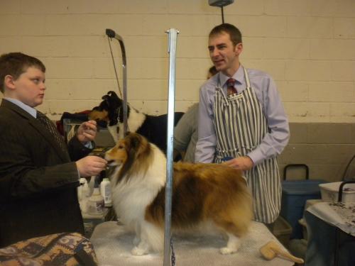Annie  getting spiffed up by Pete and his assistant